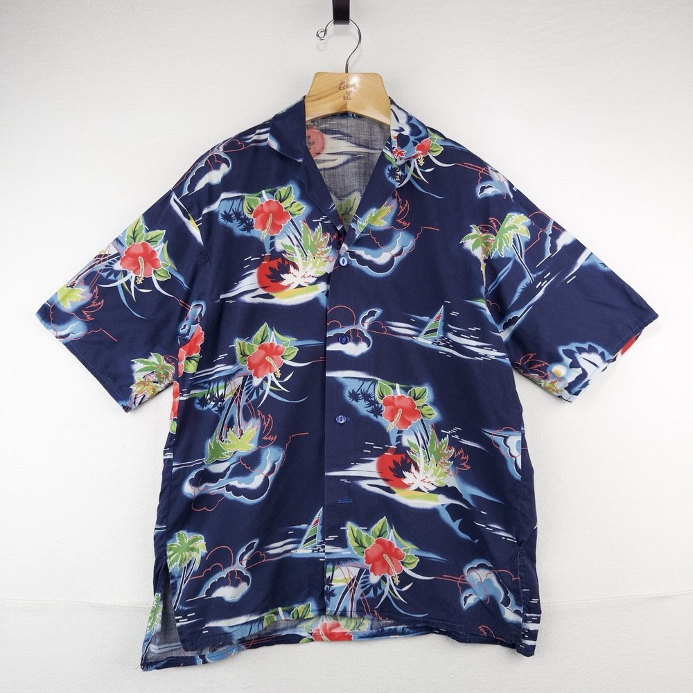 Hawaiian Aloha Large Shirt  Palm Trees Hibiscus Clouds Ocean Sailboat Tropical L